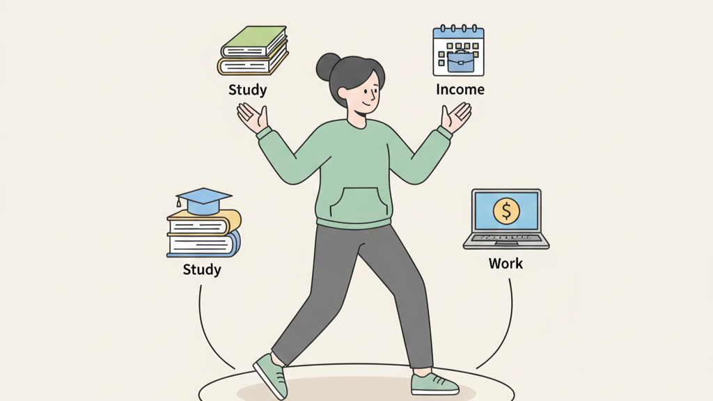 Visual concept of a student balancing job, studies, and online income.