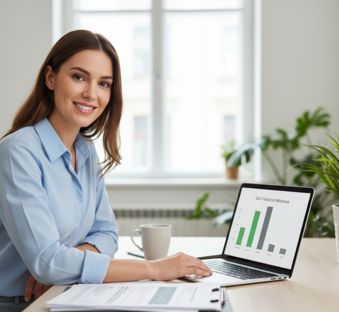 Young professional with laptop and charts illustrating a clear debt payoff plan and progress toward being debt free