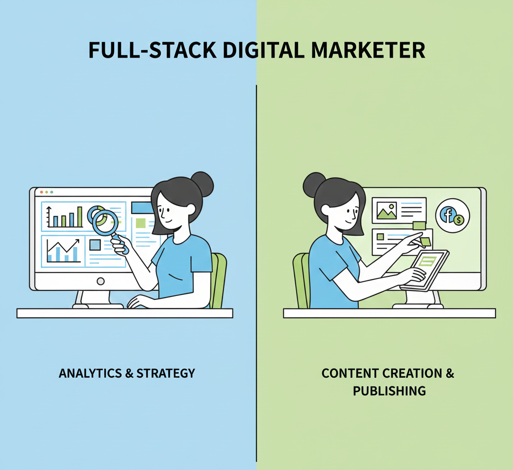 Full stack digital marketer analysing analytics and creating social media content.”