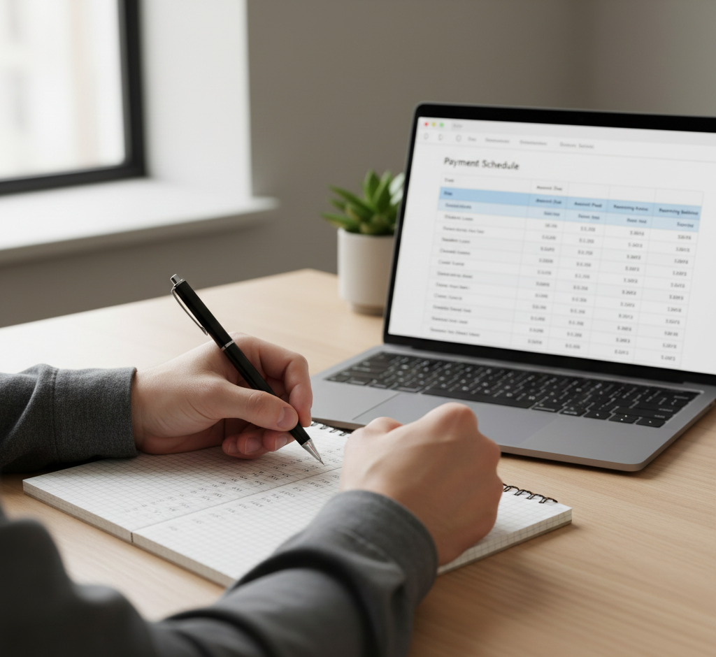 Person writing a monthly budget and payment schedule as part of their debt payoff plan.