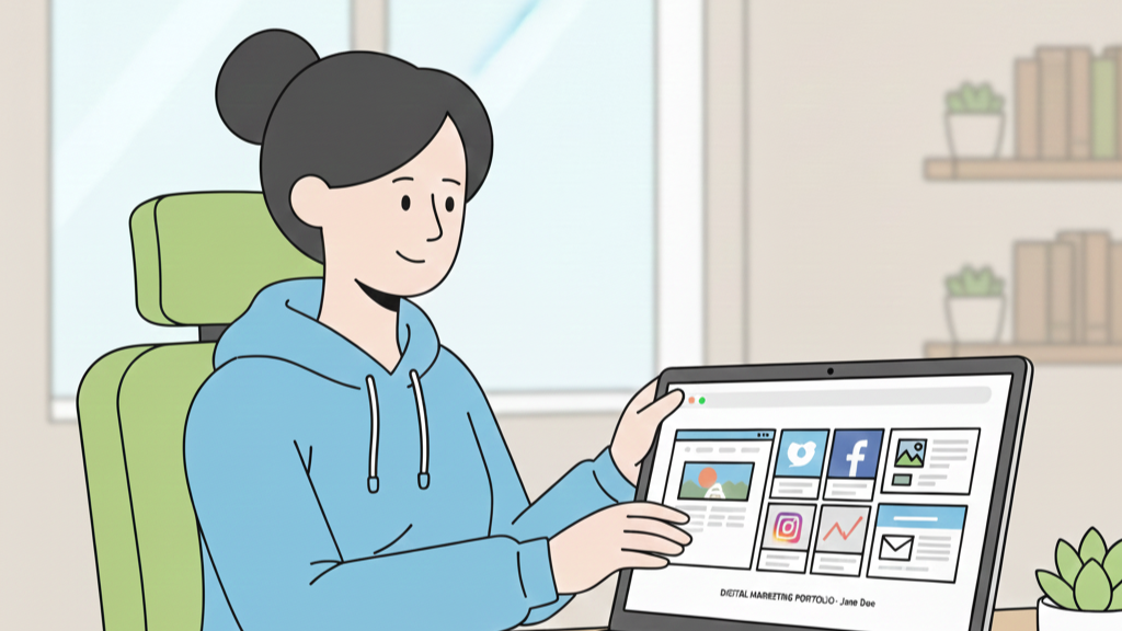 Student presenting a digital marketing portfolio on a laptop screen, 
with sample website, social media posts, and email campaigns visible, in
 a casual modern workspace.”