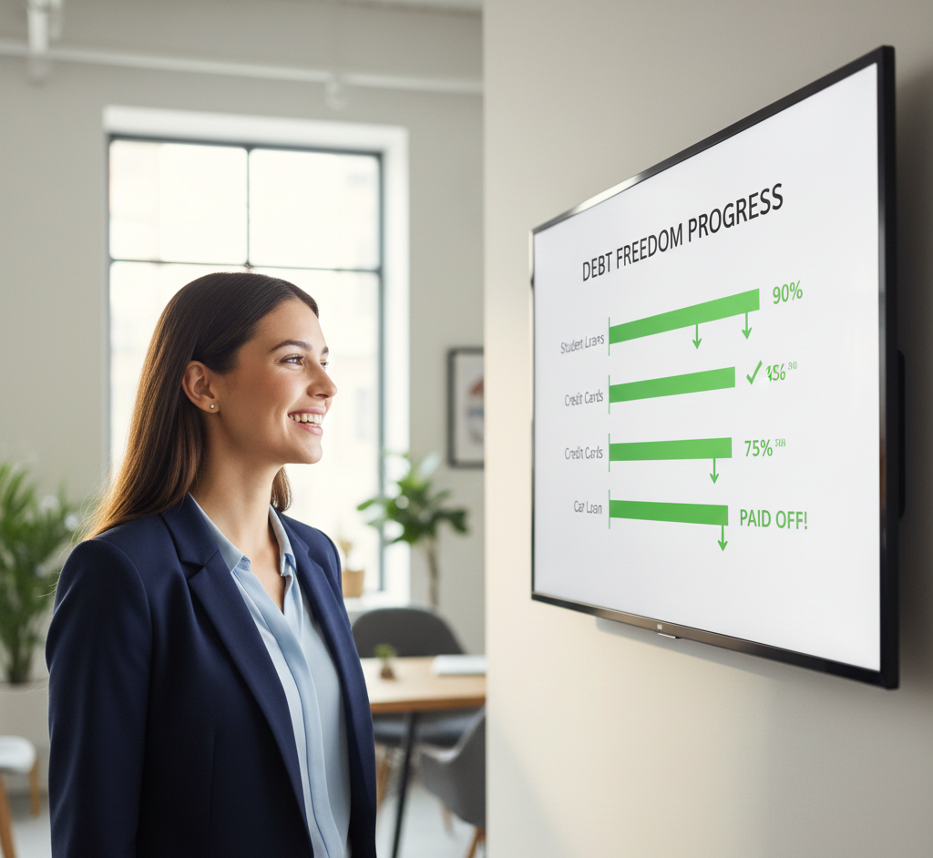 Young professional celebrating progress on a long-term debt payoff plan