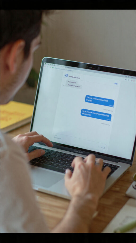 Close-up of a student typing to an AI chatbot on a laptop for homework help
