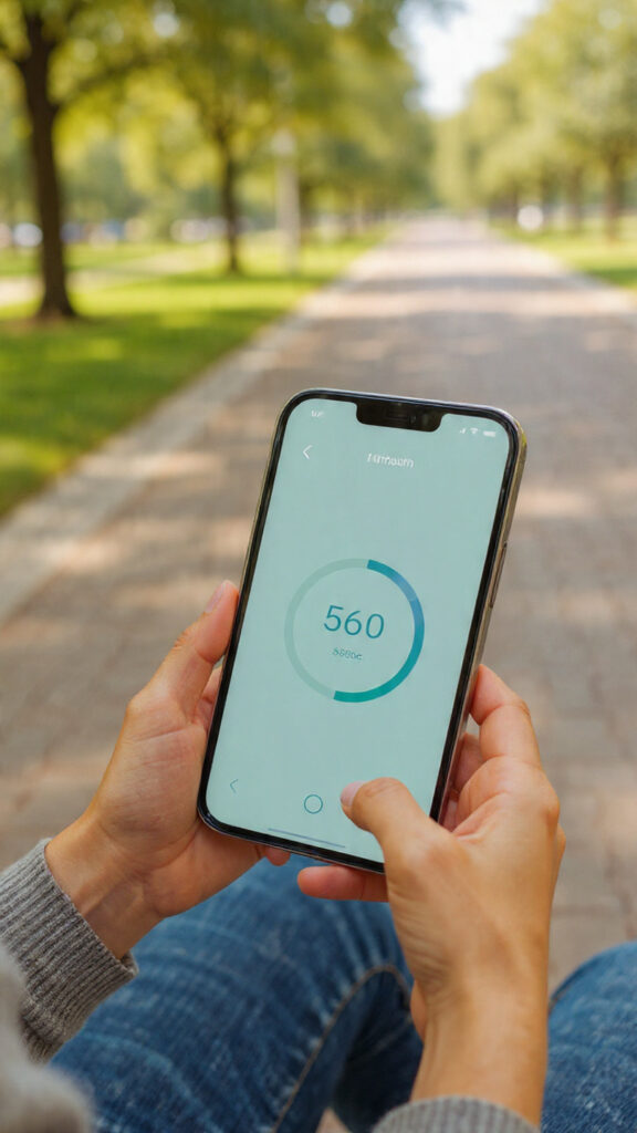 Hand holding a smartphone outside with a health app showing daily step count