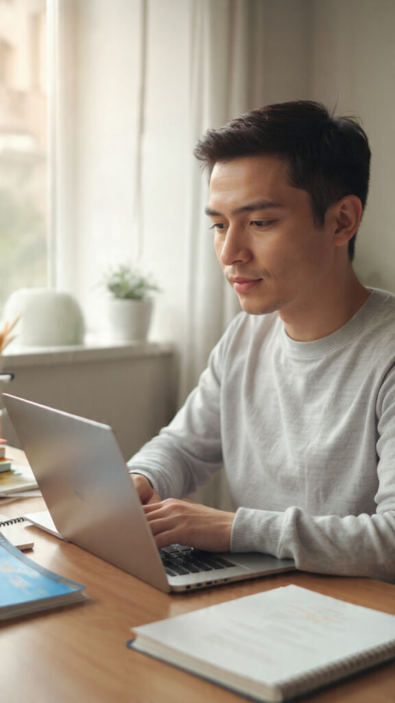 Student studying at a desk using a laptop with an AI assistant and digital notes open