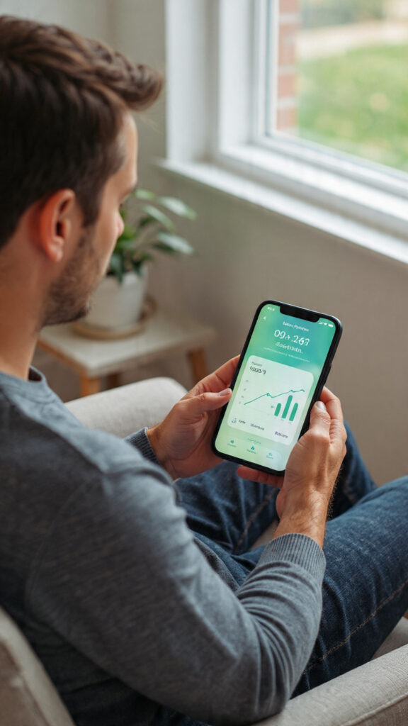 Person sitting on a sofa looking at health and wellness stats on a smartphone