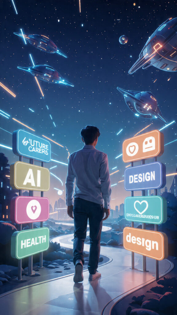  Illustration of a person choosing between different future‑proof career paths in a technology‑driven world