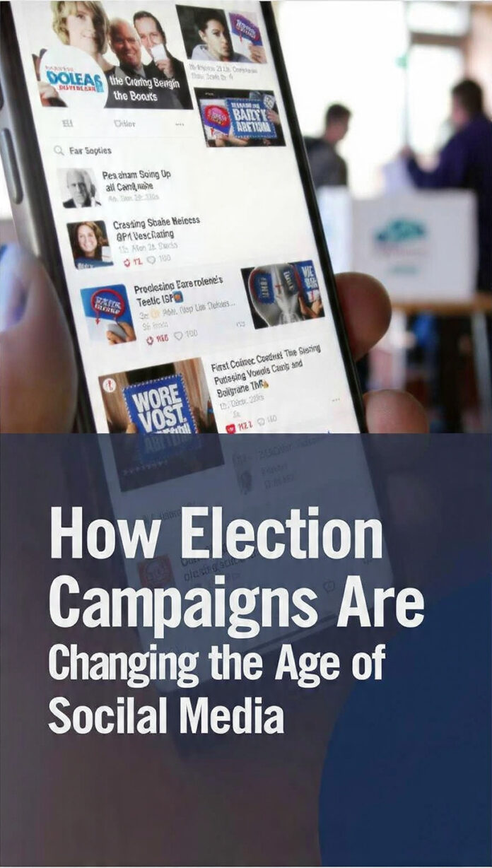 Person using a smartphone and laptop to browse political content on social media