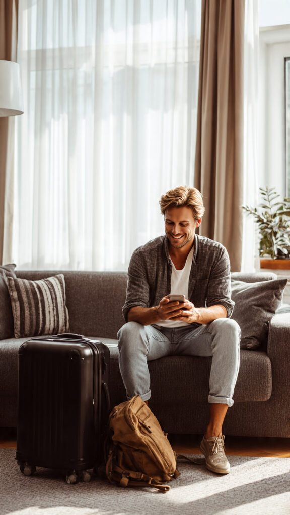  “Smiling traveler booking a flight on a smartphone with luggage beside the sofa”