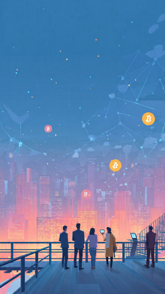  Group of everyday investors on a modern walkway overlooking a city that transforms into a glowing blockchain network, with subtle crypto icons and one person holding a tablet with a simple rising chart.
