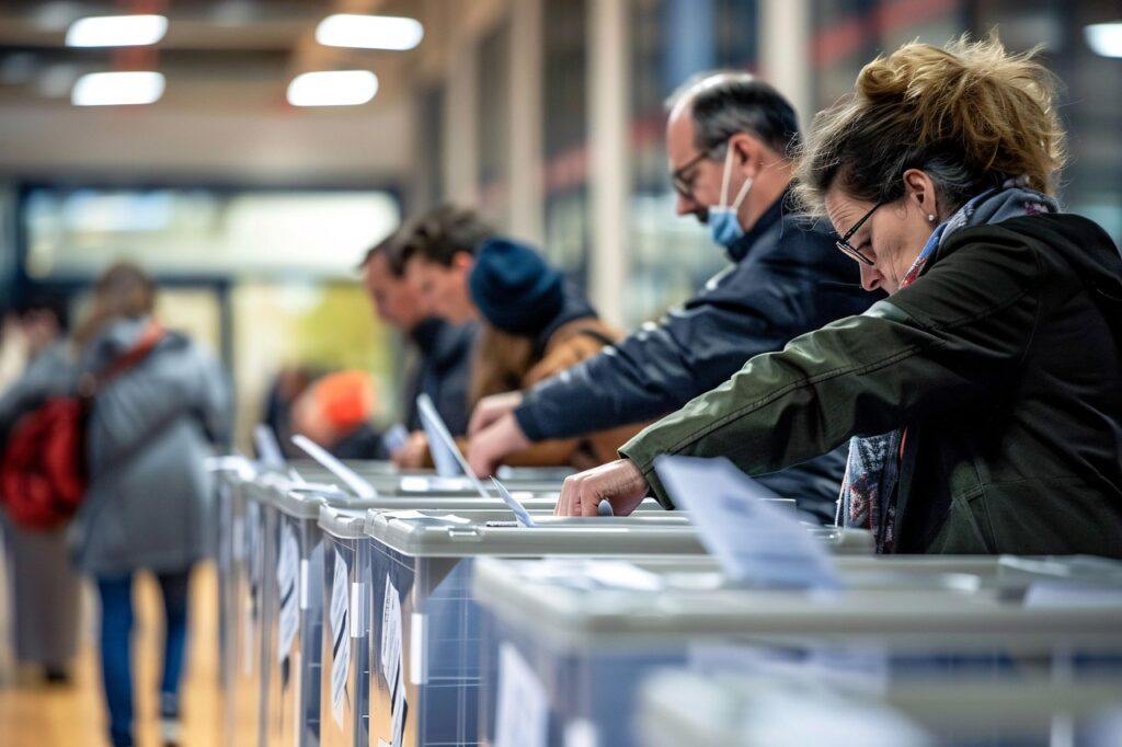 Diverse citizens casting votes at polling station demonstrating democratic participation