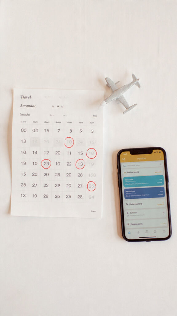  “Calendar with circled travel dates next to a toy airplane and smartphone showing flight prices”