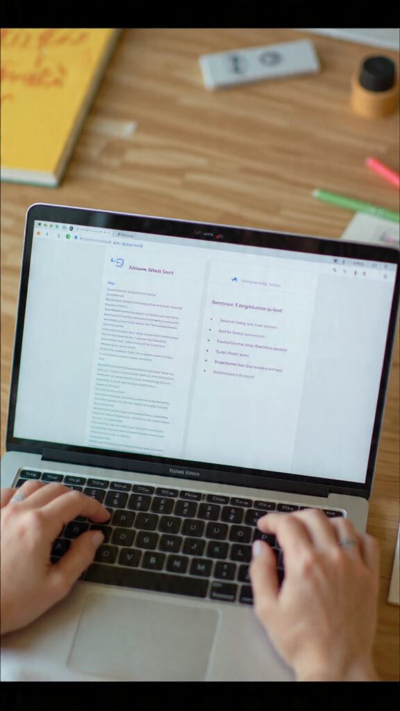 Tablet on a desk showing a long text with a short AI-generated summary beside handwritten notes