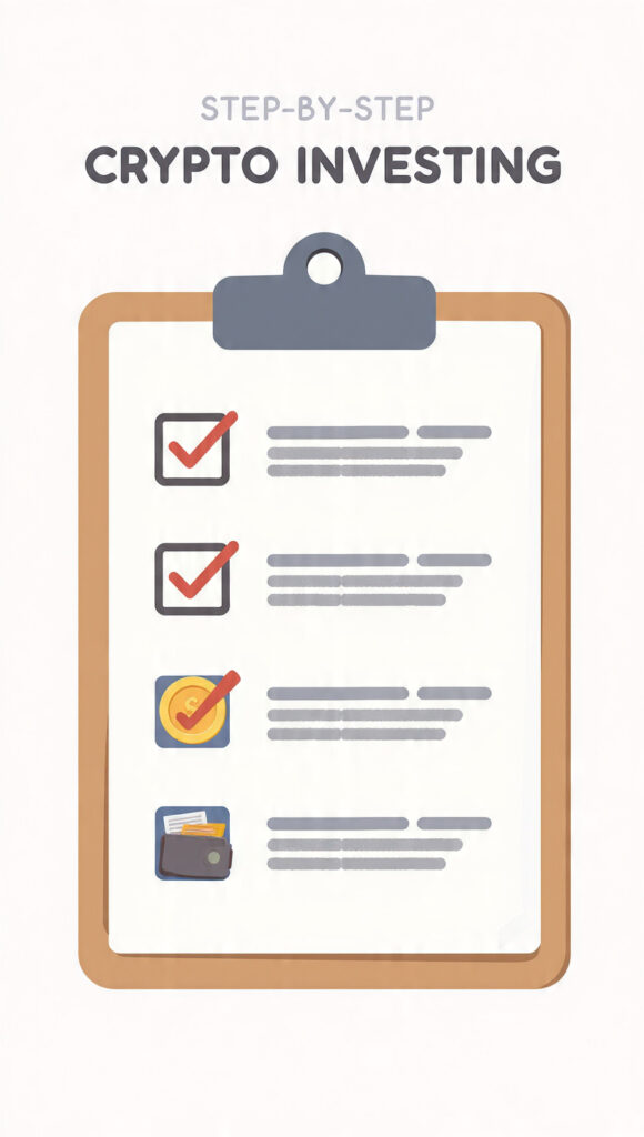 “Checklist illustration showing steps for getting started with crypto investing”