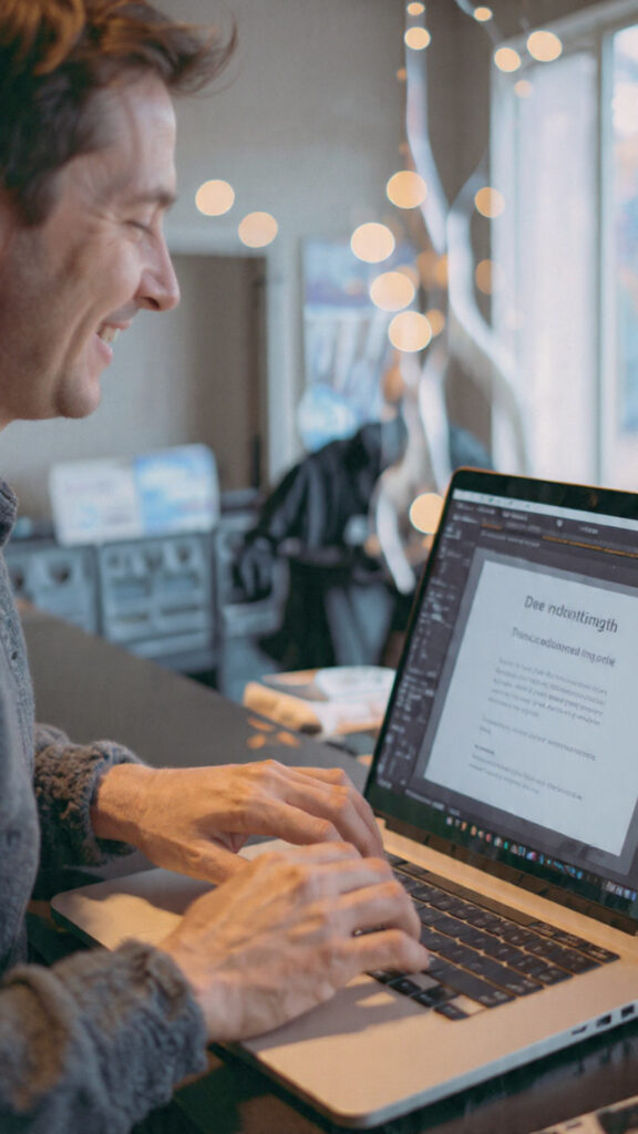  Smiling person using a laptop, showing comfortable and balanced use of AI tools