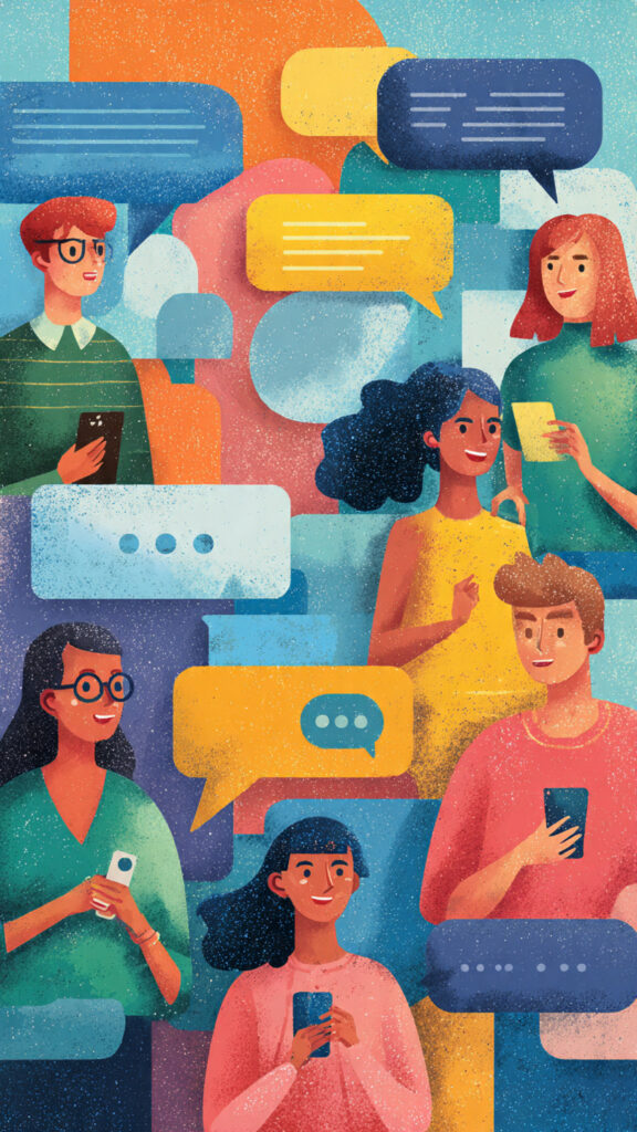  Illustration of social media influencers and political memes on smartphone screens