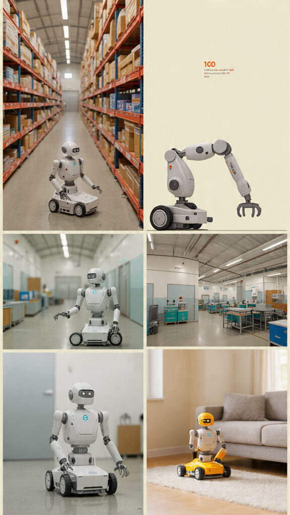  Collage of intelligent robots working in a warehouse, factory, hospital, and home