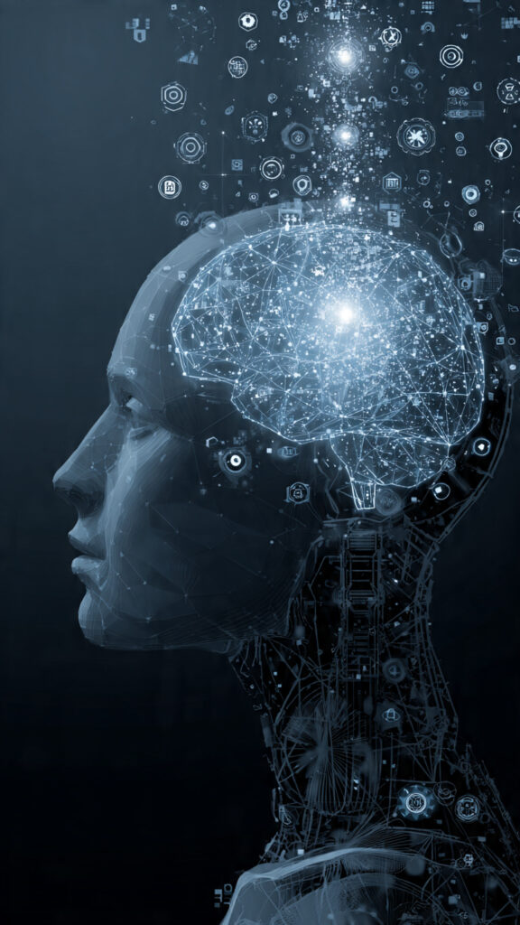  Concept illustration of an intelligent robot brain with connected sensors and data