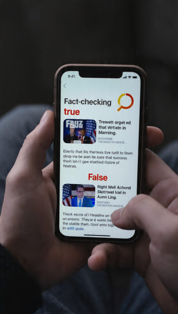  Person checking true and false news headlines on a smartphone with a magnifying glass icon