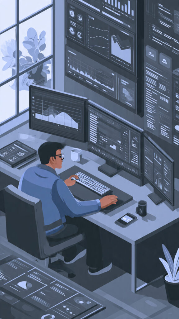  Data professional analyzing charts and code on computer screens with AI icons in the background