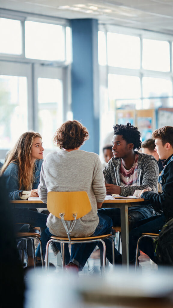  Group of students discussing their future career options in a bright classroom