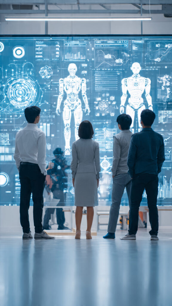  Young professionals discussing future careers while looking at a screen with AI and automation icons