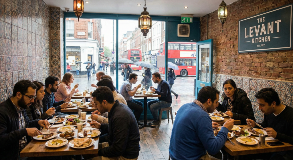 Small Middle Eastern restaurant in a Western city with people eating inside