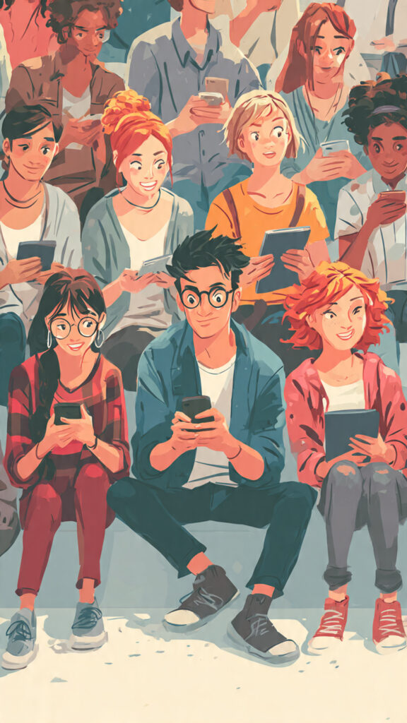  Group of young people using phones and tablets to follow election-related content online