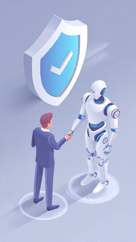  Robot and human shaking hands in front of a shield symbol representing safe and ethical robotics