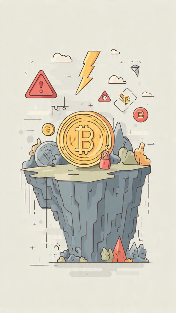 “Illustration of cryptocurrencies near a cliff with icons representing volatility, hacks, and scams”