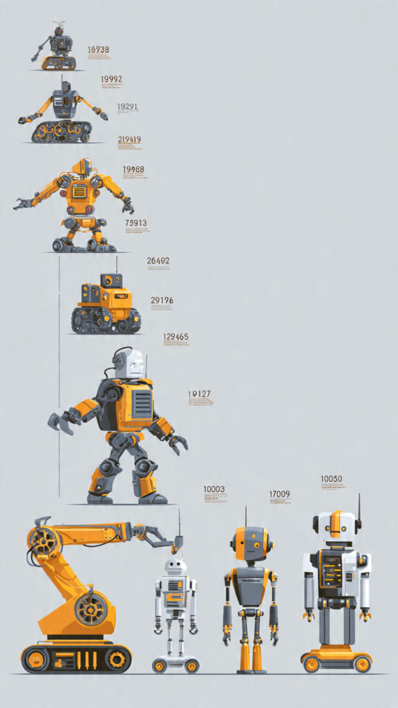  Timeline illustration showing the evolution from early industrial robots to modern intelligent robots