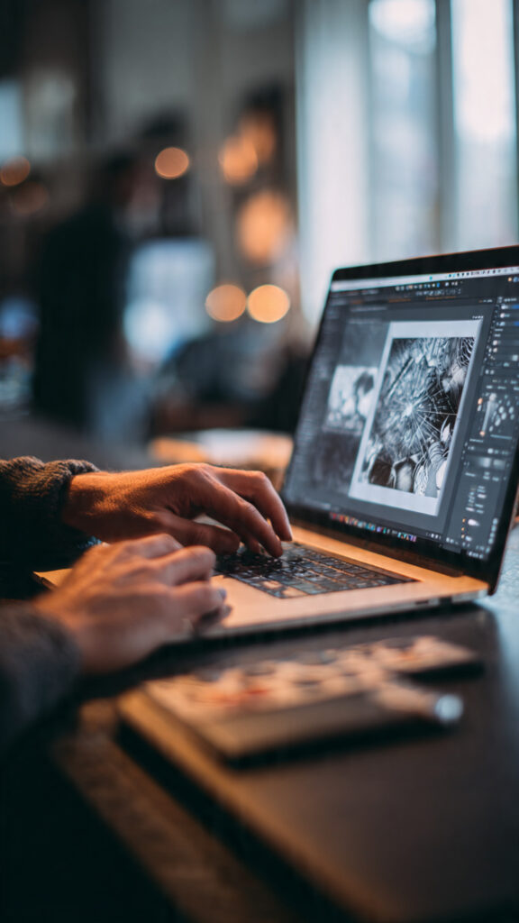  Person creating digital graphics on a laptop using design and AI tools
