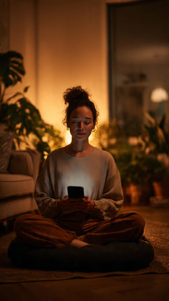 Person meditating on a cushion while a calm meditation app glows on their smartphone