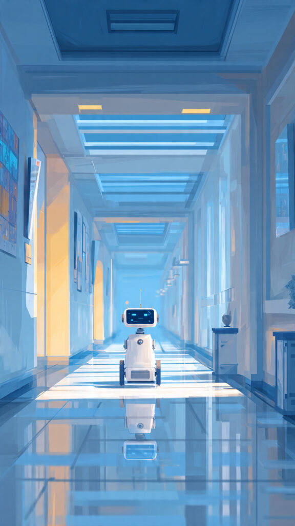  Service robot moving through a bright modern hallway in a workplace or hospital