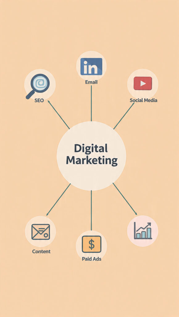  Infographic showing the main channels of digital marketing with labeled icons