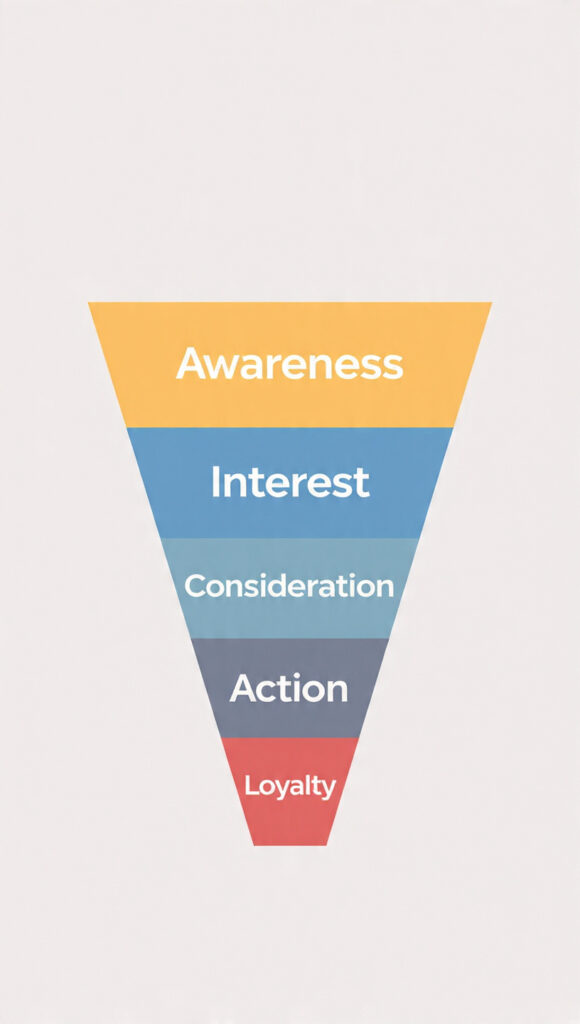  Marketing funnel diagram with stages awareness, interest, consideration, action, and loyalty