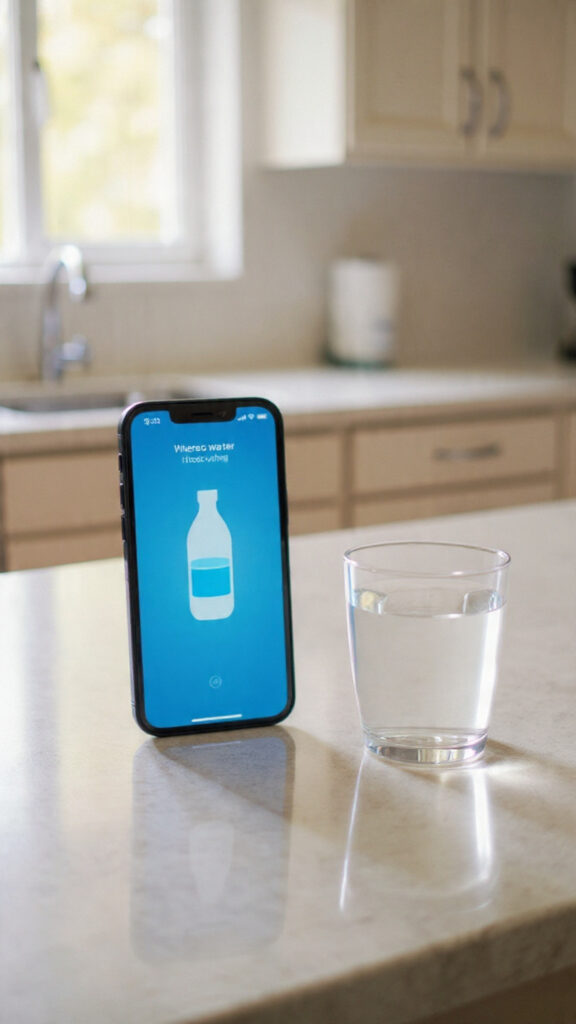 Smartphone with a water tracking app displayed next to a glass of water on a kitchen counter