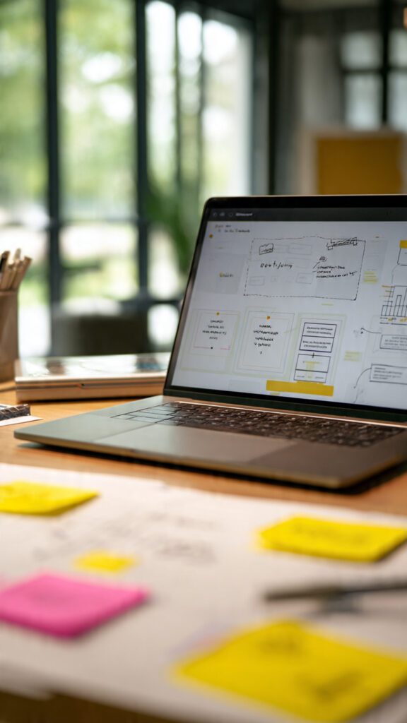Student working on a presentation slide on a laptop with notes and sketches on the desk