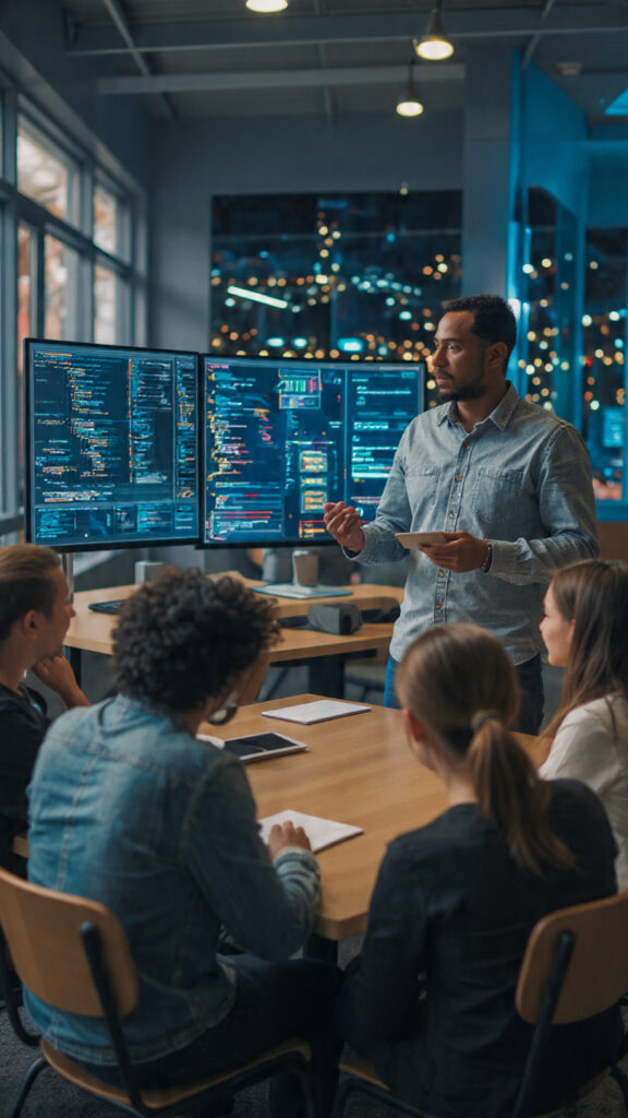  Teacher guiding a group of learners using a digital screen in a modern classroom
