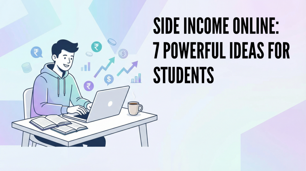 Hero image showing a working student building a side income online with laptop and digital money icons