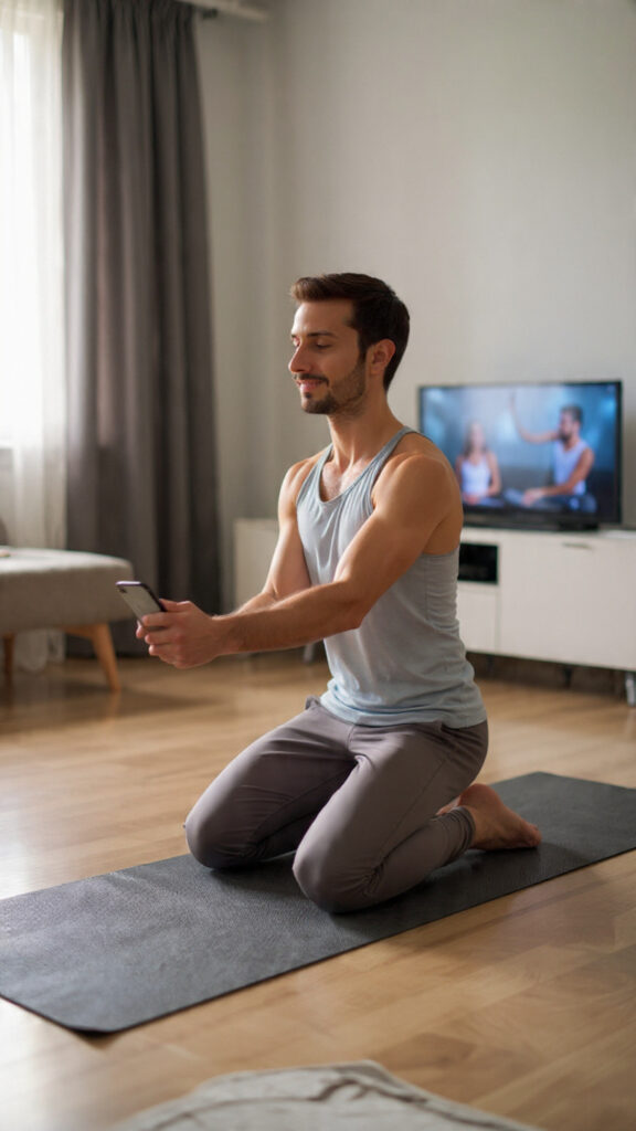Person doing a home workout on a yoga mat while following a fitness app