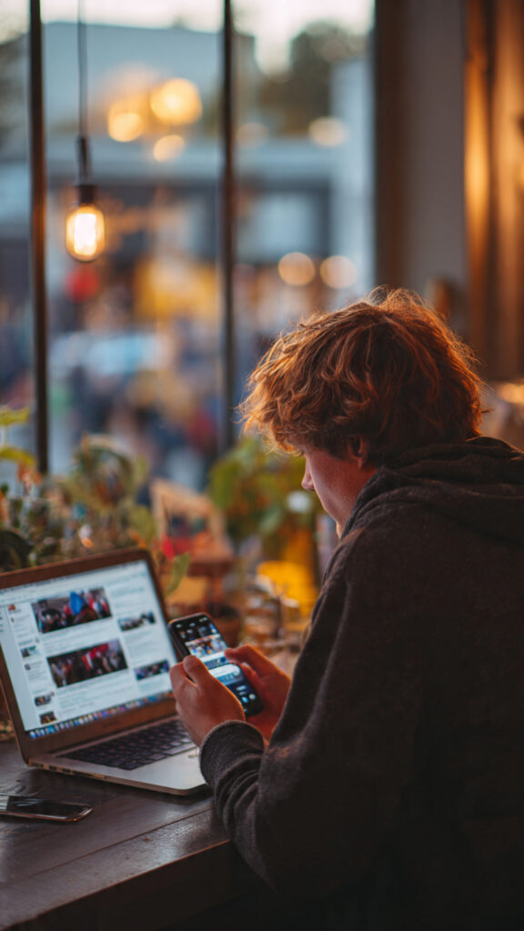  Person using a smartphone and laptop to browse political content on social media