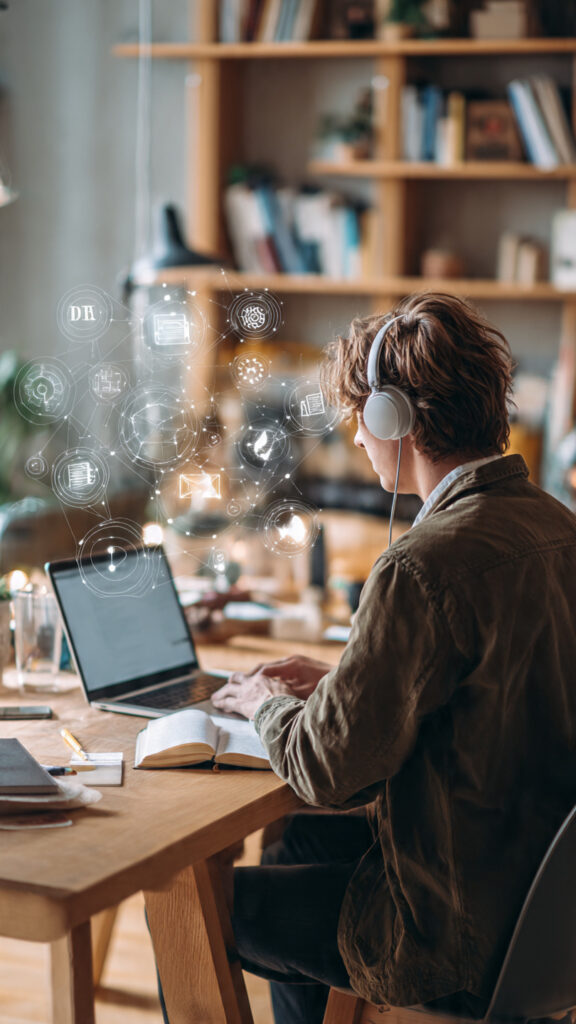  Young adult learning new skills online using a laptop and headphones at a desk