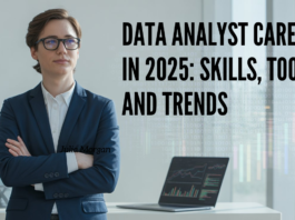 Data Analyst Career in 2025: Skills, Tools, and Trends “Hero image of a confident professional with charts on a laptop, representing a modern data analyst career in 2025.”