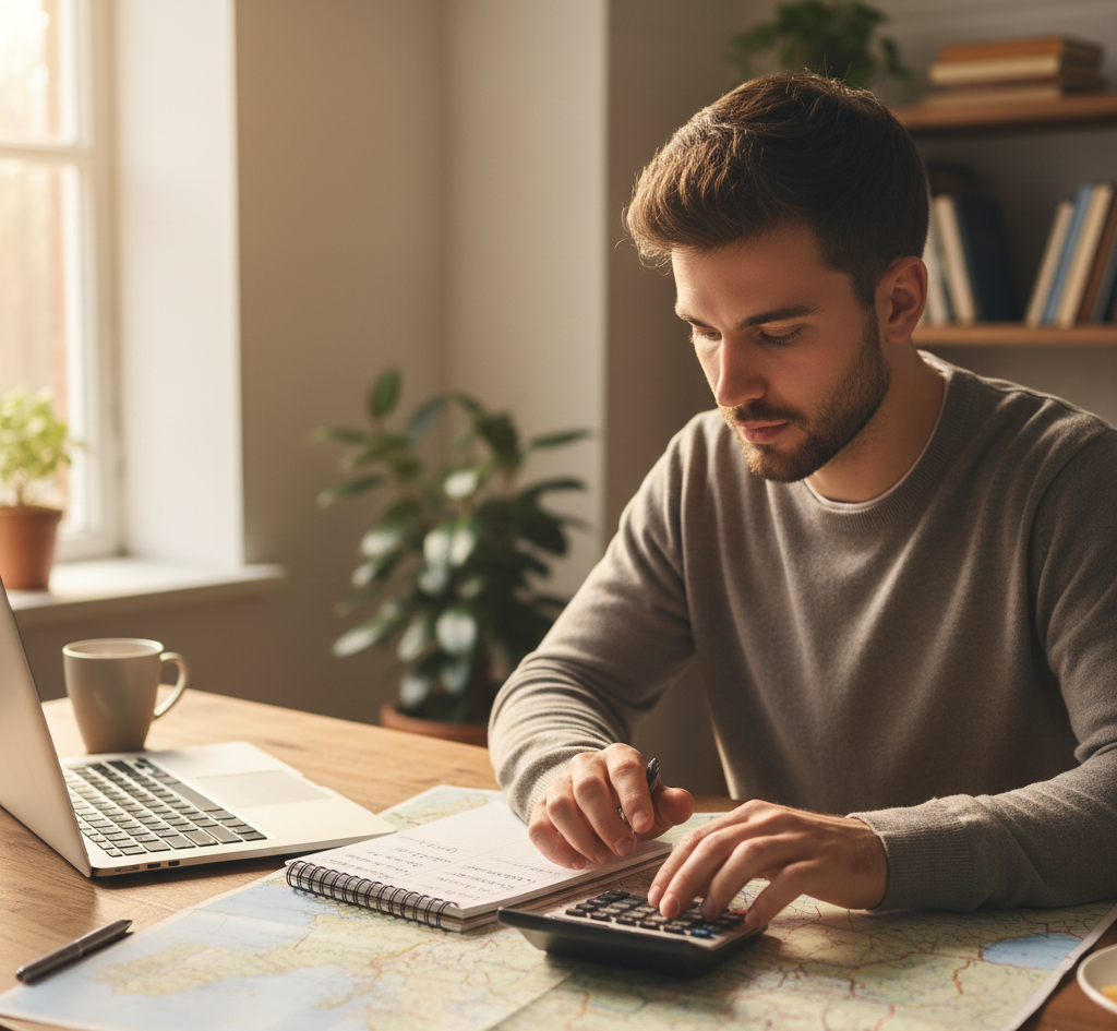Young traveler planning a budget Europe trip with a laptop, notebook, and map.