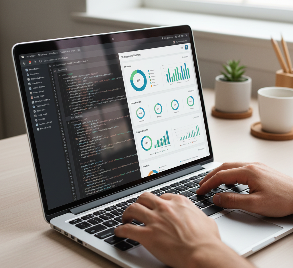 ands on a laptop keyboard managing code and dashboards as part of a modern data analyst workflow