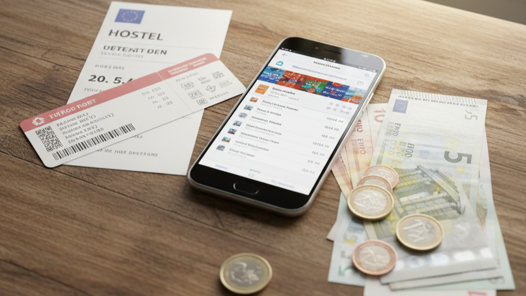 Travel documents, bookings, and cash organised for a budget Europe trip.