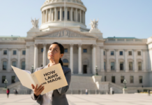 How Laws Are Made: From Idea to Policy in Simple Language Person holding a folder titled how laws are made while standing in front of a parliament building.