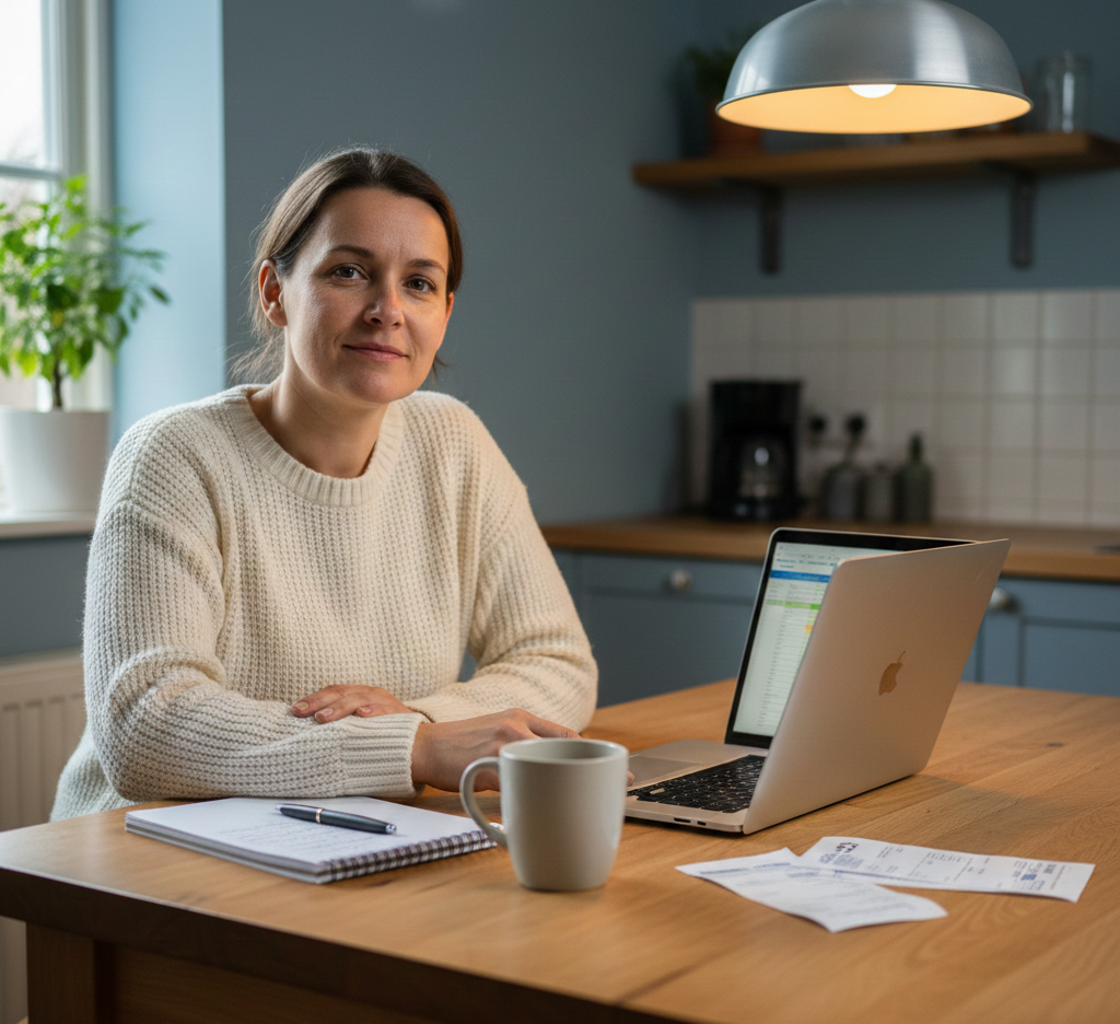 Person reviewing salary, bills, and savings at a kitchen table to manage salary better.