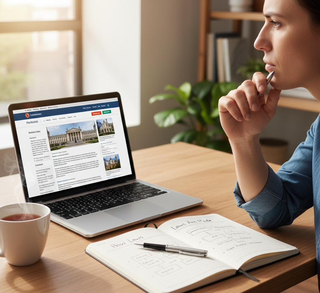 Person learning how laws are made using a laptop and notebook.”